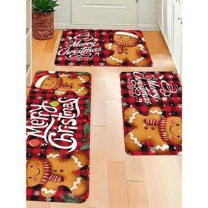 Set of 3 Festive Christmas Holiday Gingerbread Man Pattern Kitchen Mat Decor